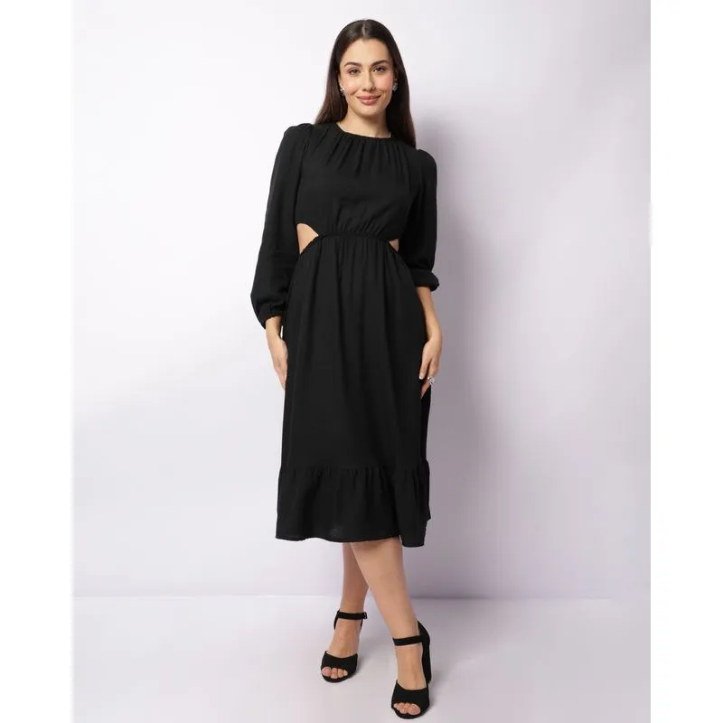 Vestido Feminino Midi Viscose Vazado Preto P