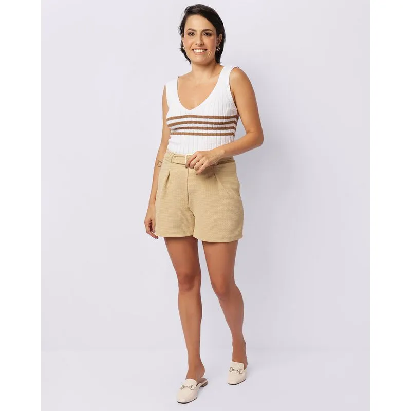 Short Feminino Crepe Evasê Cinto Com Fivela Bege M