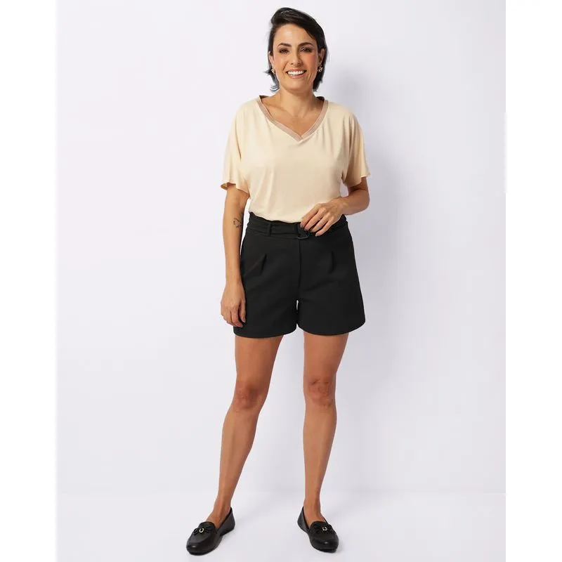 Short Feminino Crepe Evasê Cinto Com Fivela Preto G