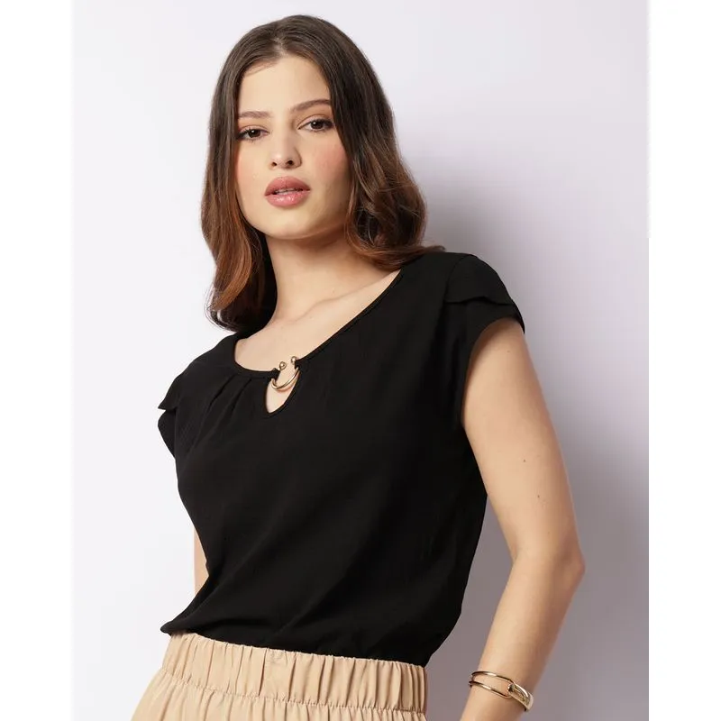 Blusa Feminina Viscose Manga Curta Decote Metal Preta GG