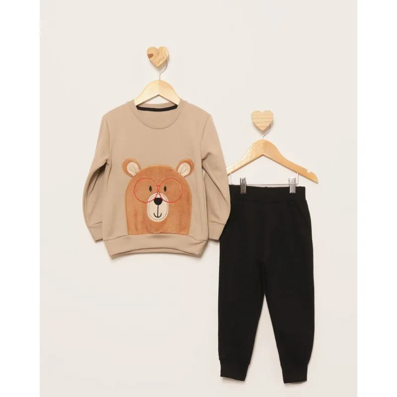 Conjunto Moletom Bebê Peluciado Bordado Interativo Urso Bege 2