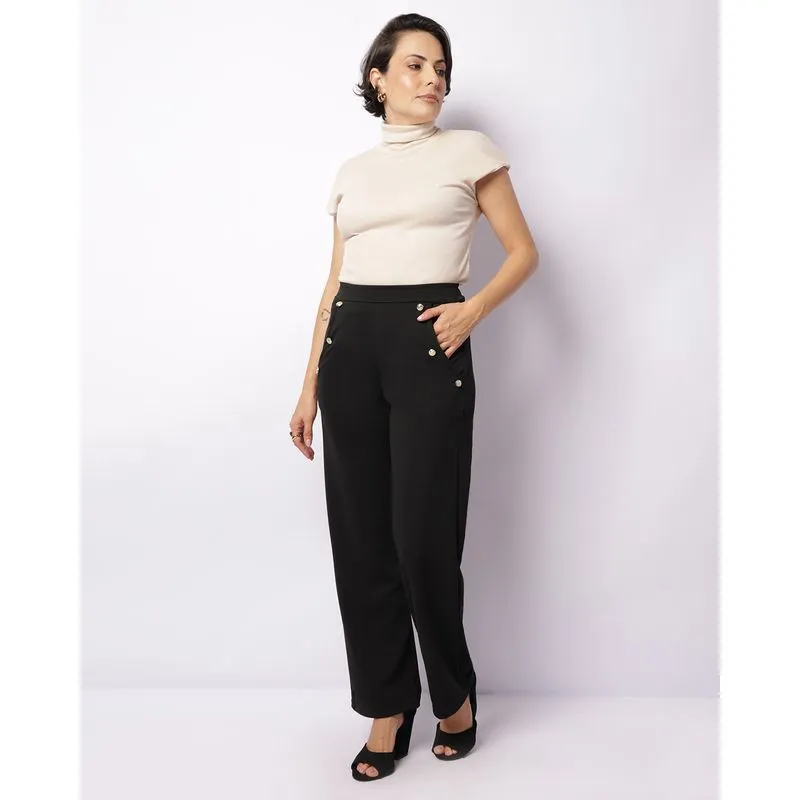 Calça Feminina Pantalona Com Botões Preta GG