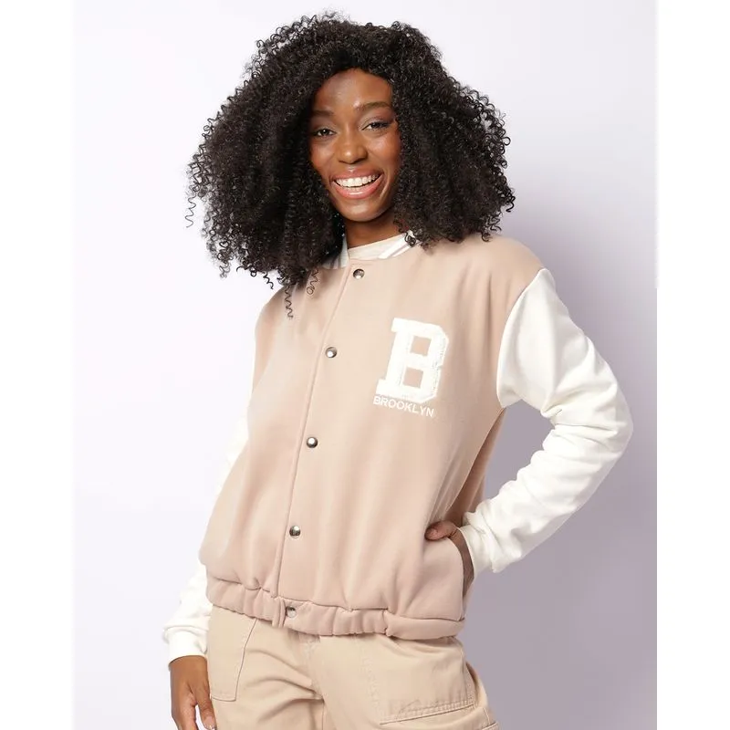 Casaco Moletom Feminino Peluciado Bomber College Bege P