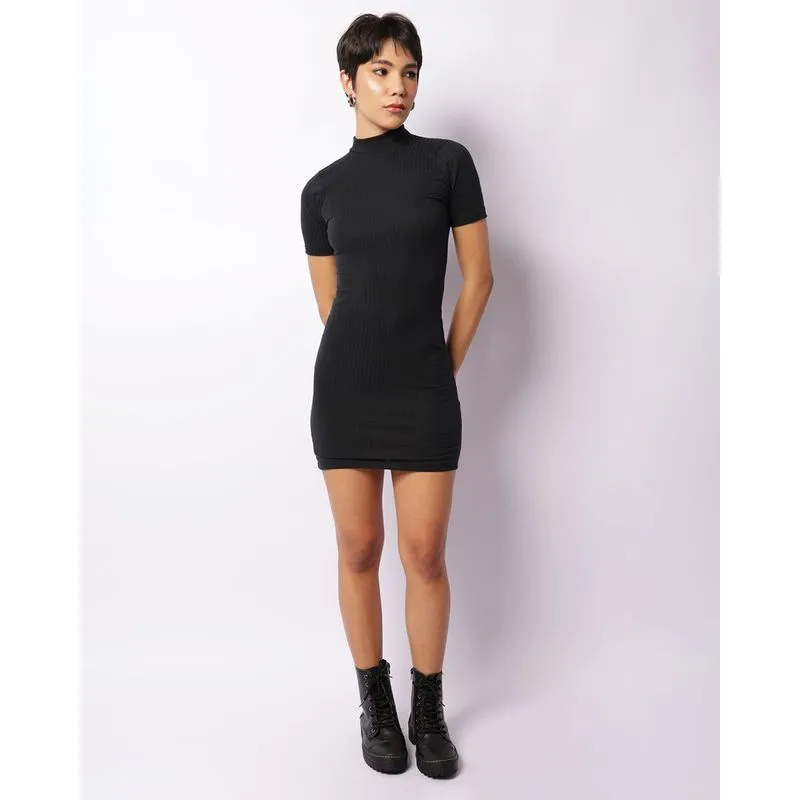 Vestido Feminino Curto Canelado Gola Alta Preto GG