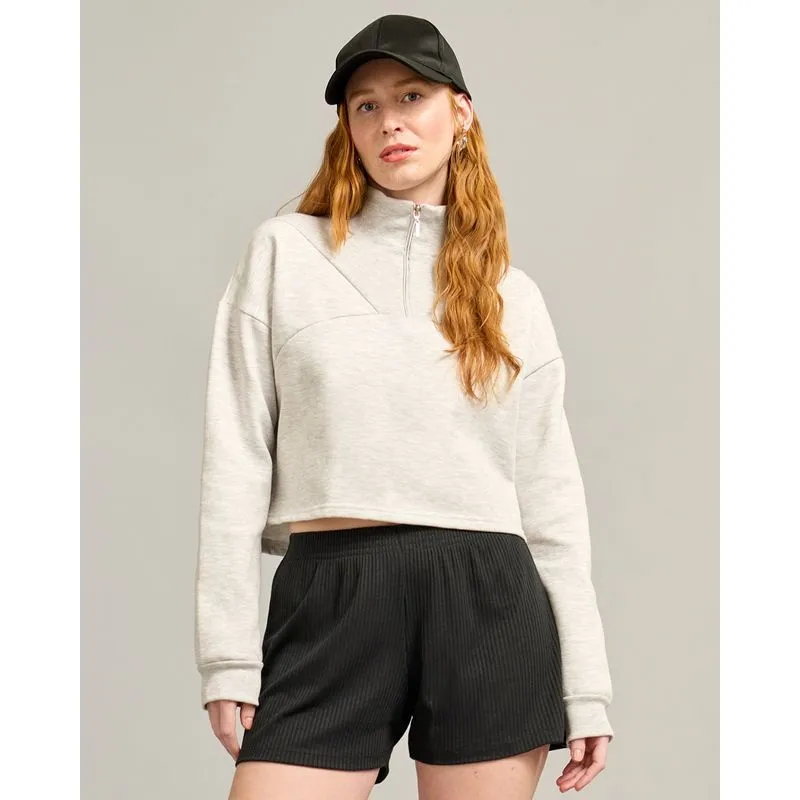 Blusão Moletom Feminino Peluciado Cropped Recortes Com Zíper Cinza P