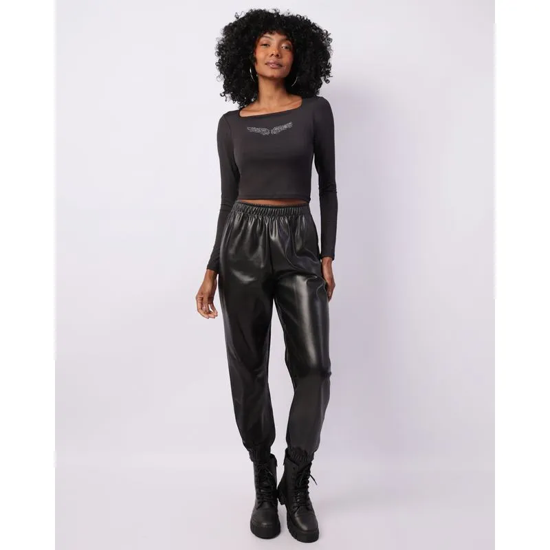 Calça Feminina Jogger PU Preta P