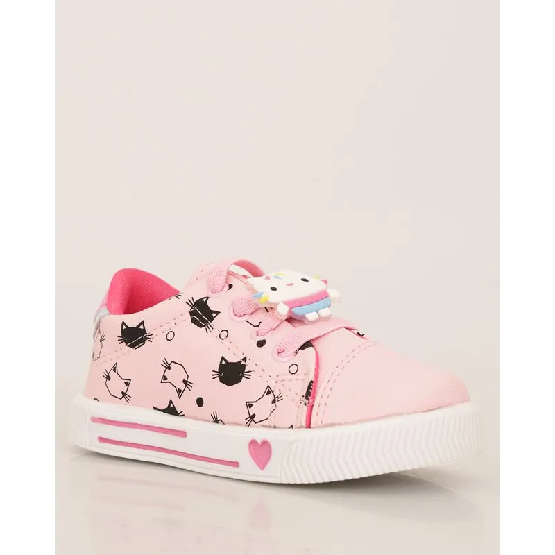 Tênis Bebê Casual Estampado E Com Aplique de Gatinho Rosa 25