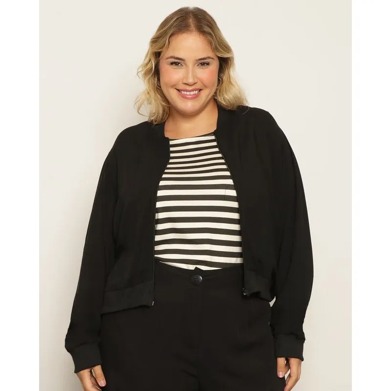Jaqueta Plus Size Feminina Bomber Viscose Estampada Preta G2