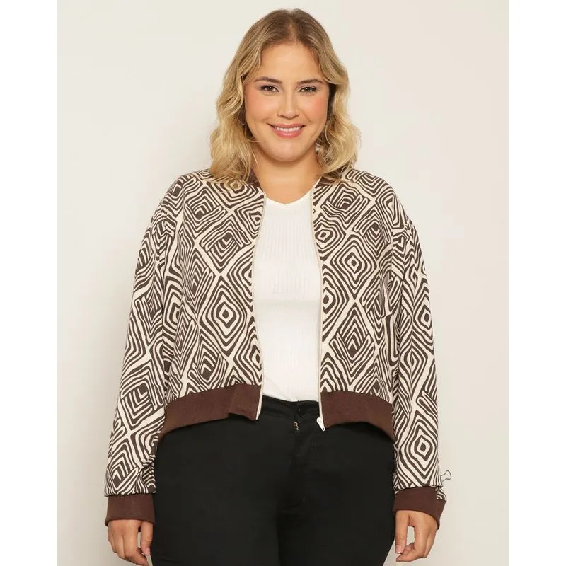 Jaqueta Plus Size Feminina Bomber Viscose Estampada Marrom G2