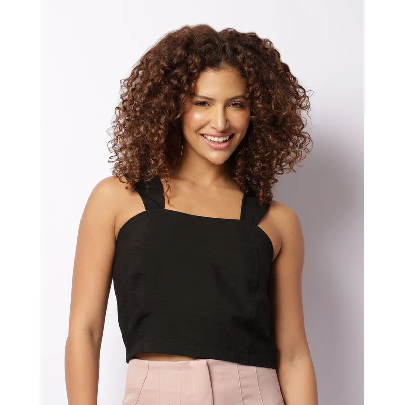 Regata Feminina Cropped Alças Larga Com Recortes Preta GG