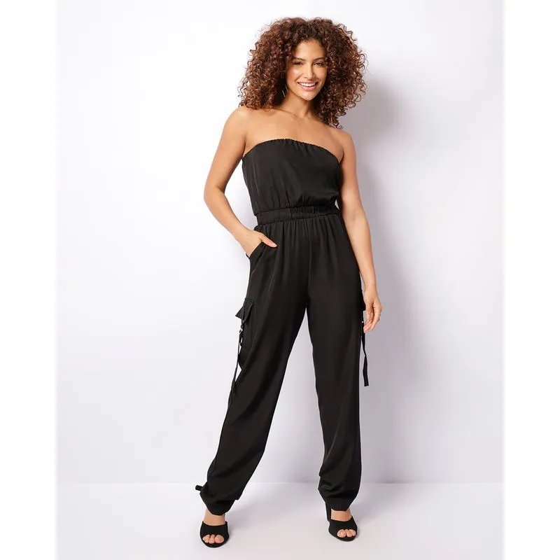 Macacão Feminino Bolso Cargo Tomara Que Caia Preto GG