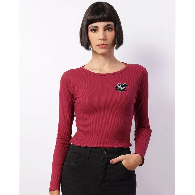 Camiseta Feminina Cropped Disney Mickey E Minnie Canelada Vinho P