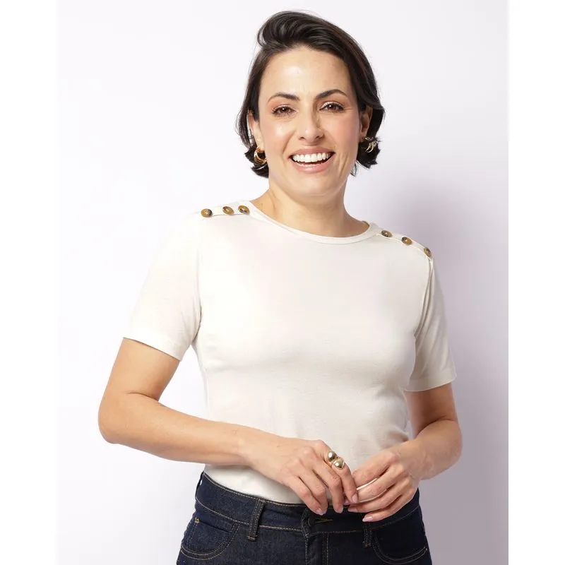 Blusa Feminina Manga Curta Aplicação De Botões Off White GG