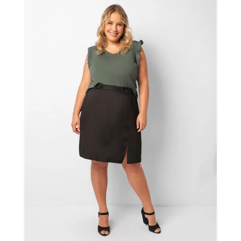 Saia Plus Size Feminina Curta Botões Com Fenda Preta G2