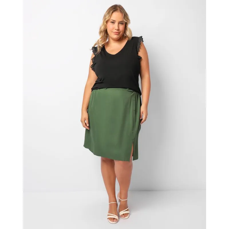 Saia Plus Size Feminina Curta Botões Com Fenda Verde G3