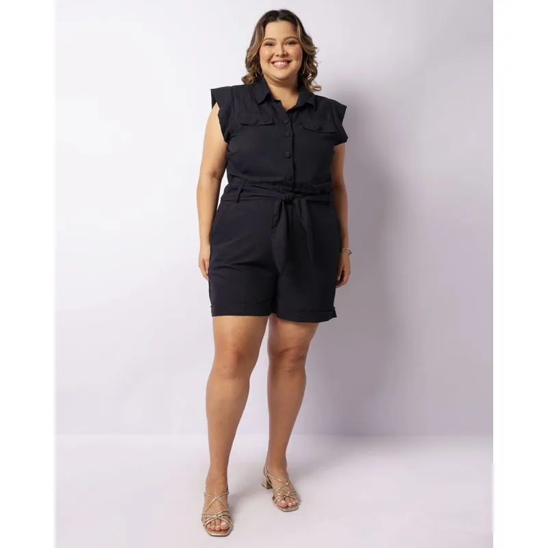 Macaquinho Plus Size Feminino Manga Curta Azul G2