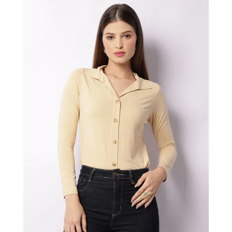 Camisa Feminina Manga Longa Lisa Bege P