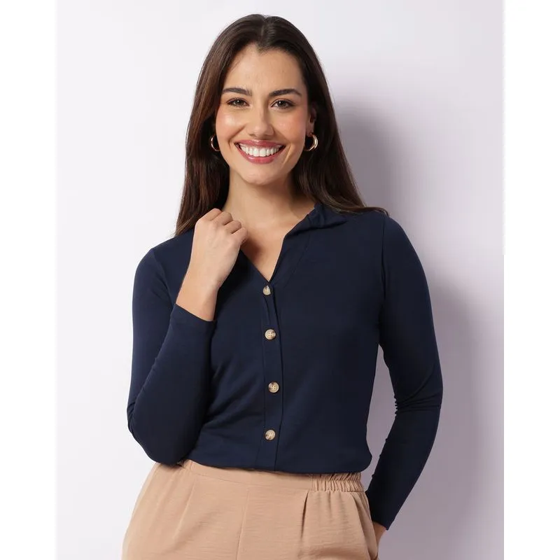 Camisa Feminina Manga Longa Lisa Marinho M