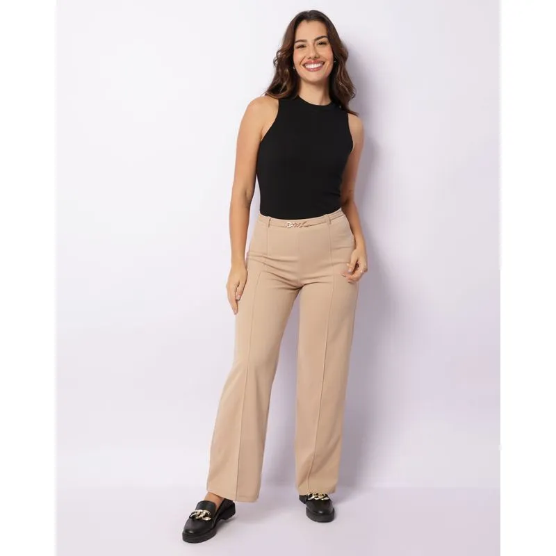 Calça Feminina Pantalona Crepe Bege G