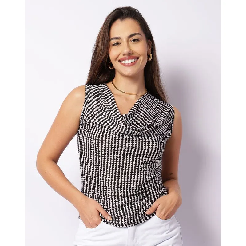 Regata Feminina Gola Degagê Estampada Preta GG