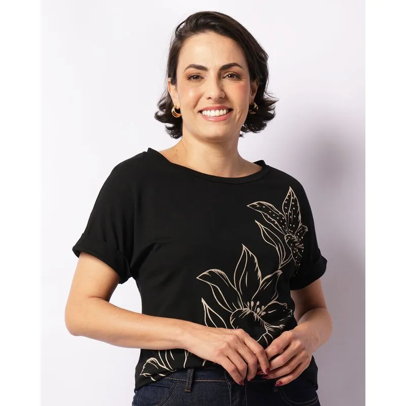 Blusa Feminina Manga Curta Estampa Floral Com Aplicação Preta P