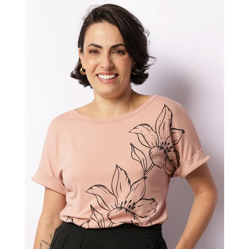 Blusa Feminina Manga Curta Estampa Floral Com Aplicação Rosa P