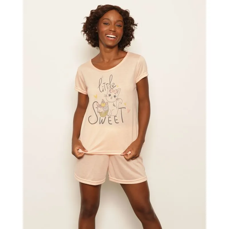 Pijama Feminino Curto Estampa Gatinha Laranja M