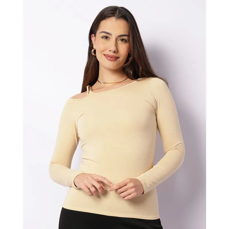 Blusa Feminina Manga Longa Recorte Vazado Com Corrente Bege P