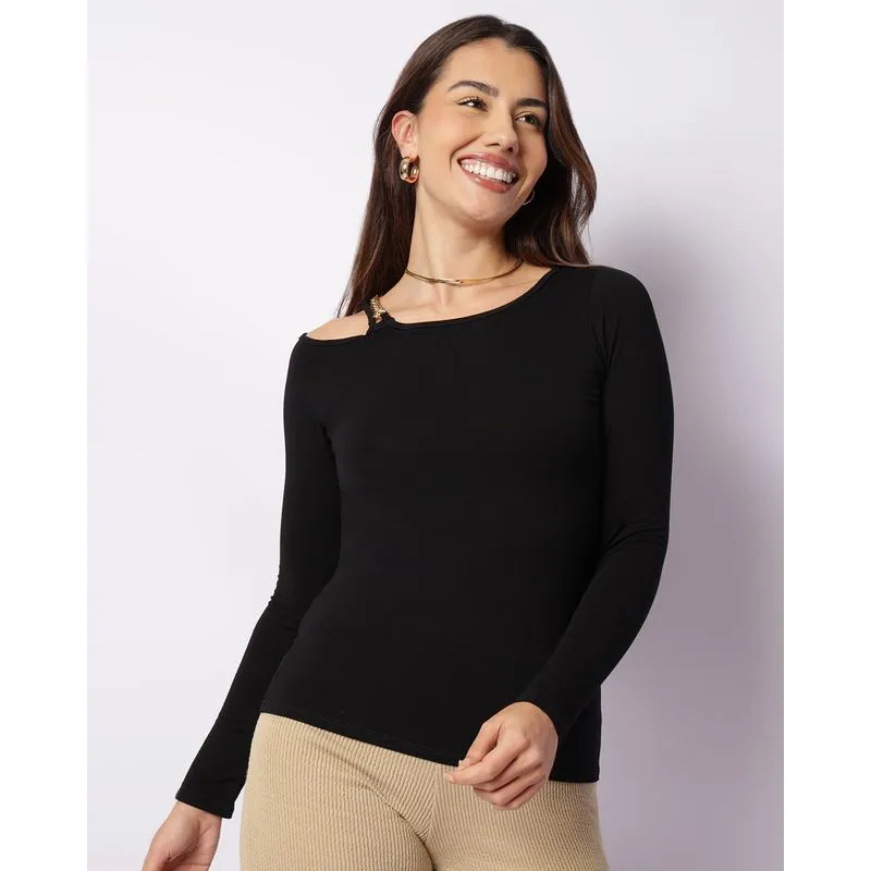 Blusa Feminina Manga Longa Recorte Vazado Com Corrente Preta P
