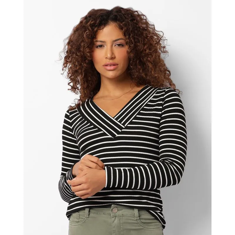 Blusa Feminina Manga Longa Canelada Estampa Listrada Preta M
