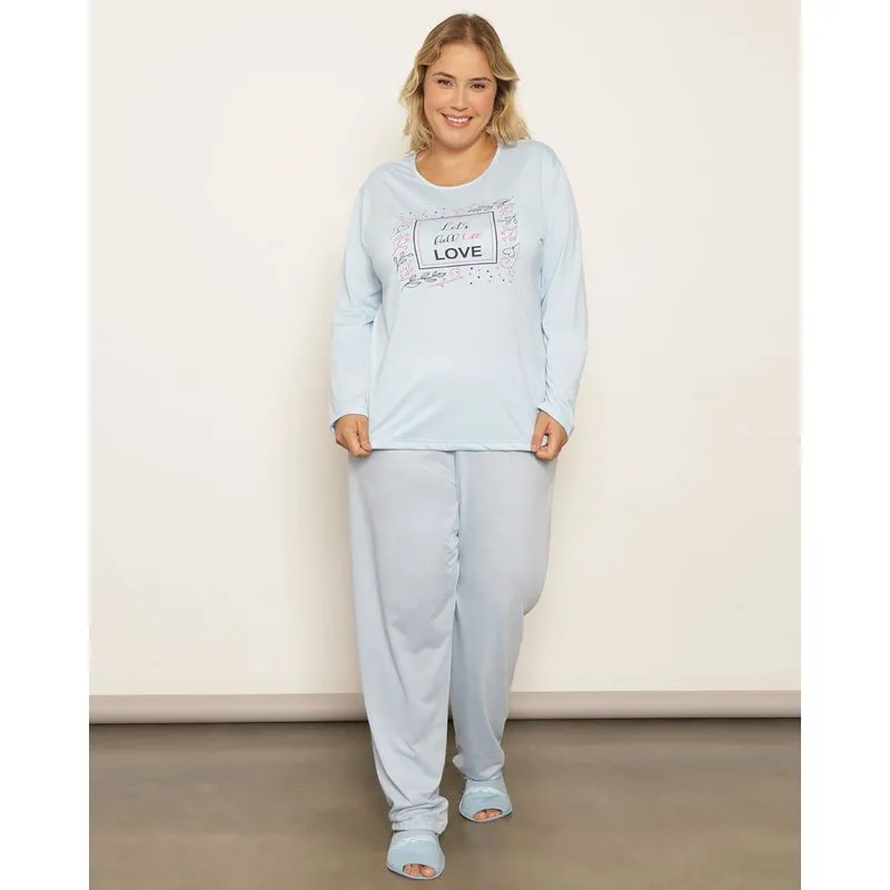 Pijama Plus Size Feminino Longo Estampa Frontal Azul 50