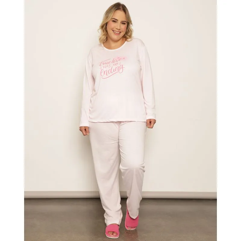 Pijama Plus Size Feminino Longo Estampa Rosa 52