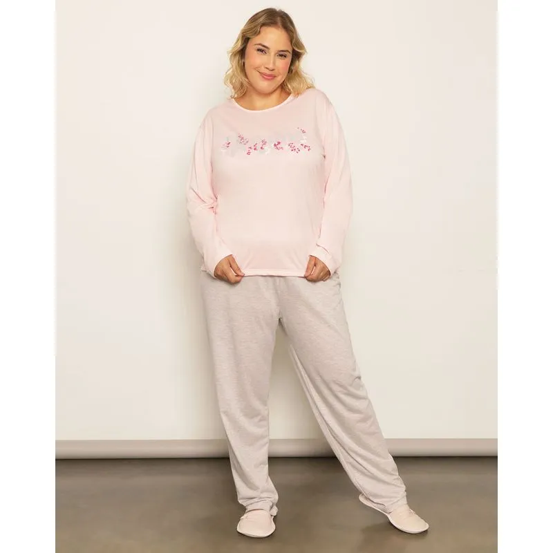 Pijama Plus Size Feminino Longo Estampa Frontal Rosa 50