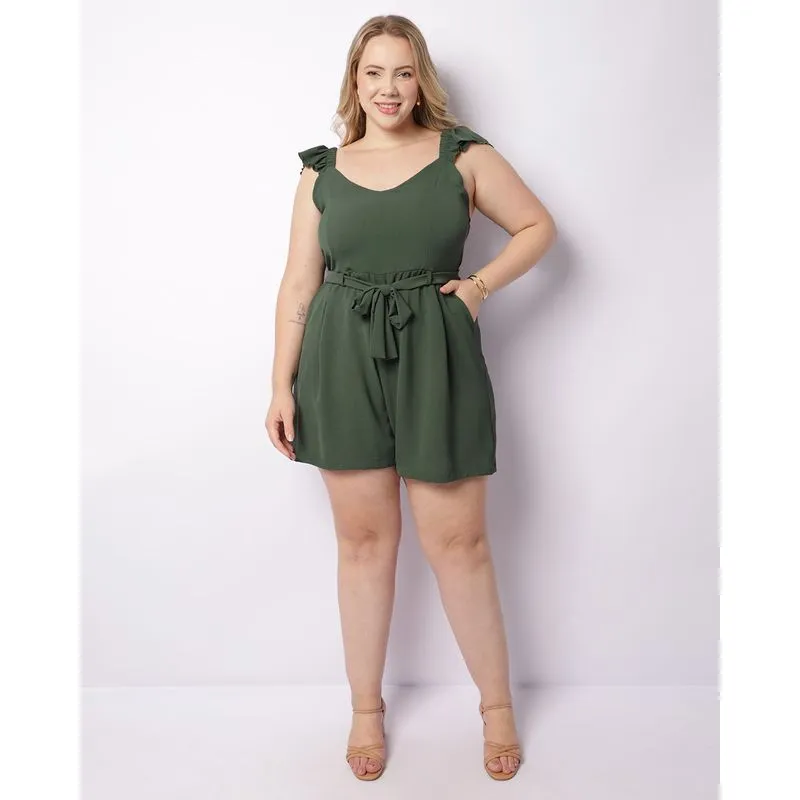 Macaquinho Plus Size Feminino Curto Alças Com Babados Verde G1