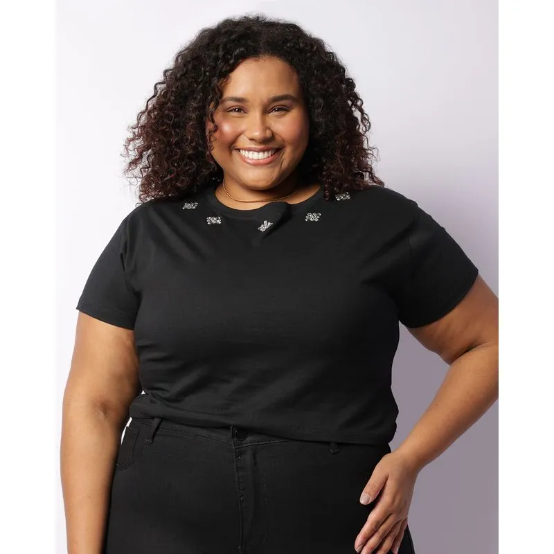 Blusa Plus Size Feminina Cropped Decote Com Strass Preta G1