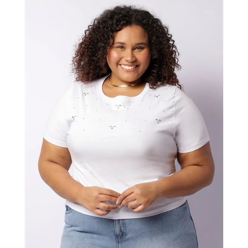 Blusa Plus Size Feminina Manga Curta Com Aplicação De Strass Branca G1