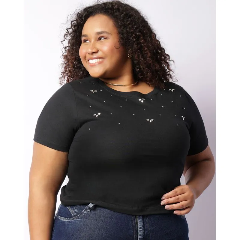 Blusa Plus Size Feminina Manga Curta Com Aplicação De Strass Preta G2