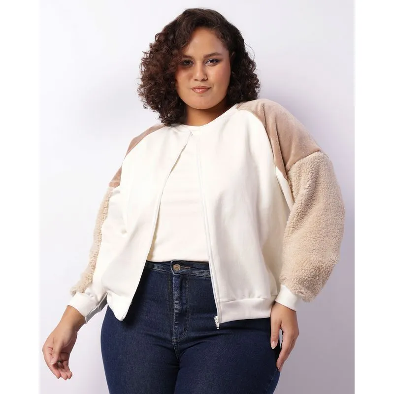 Jaqueta Moletom Plus Size Feminina Manga Peluciada Off White G2
