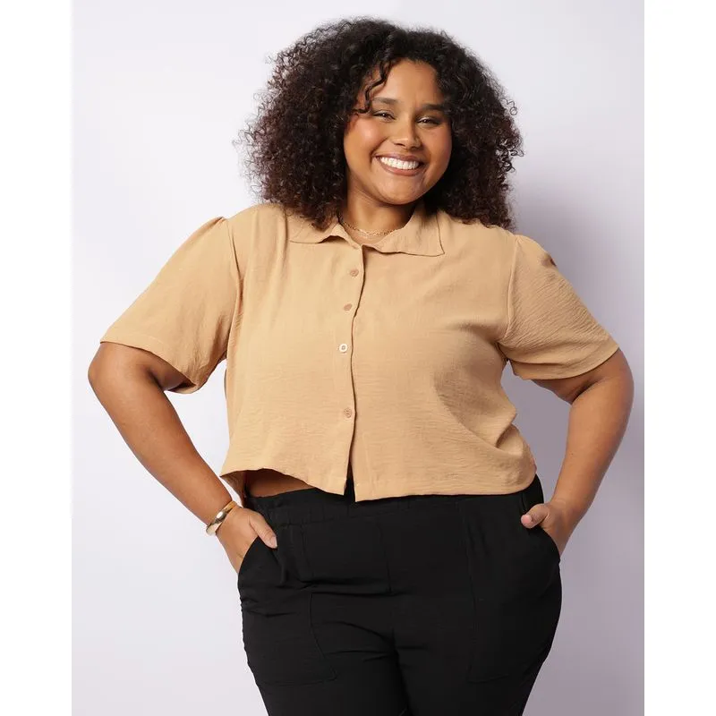 Camisa Plus Size Feminina Com Botões Manga Curta Bege G1