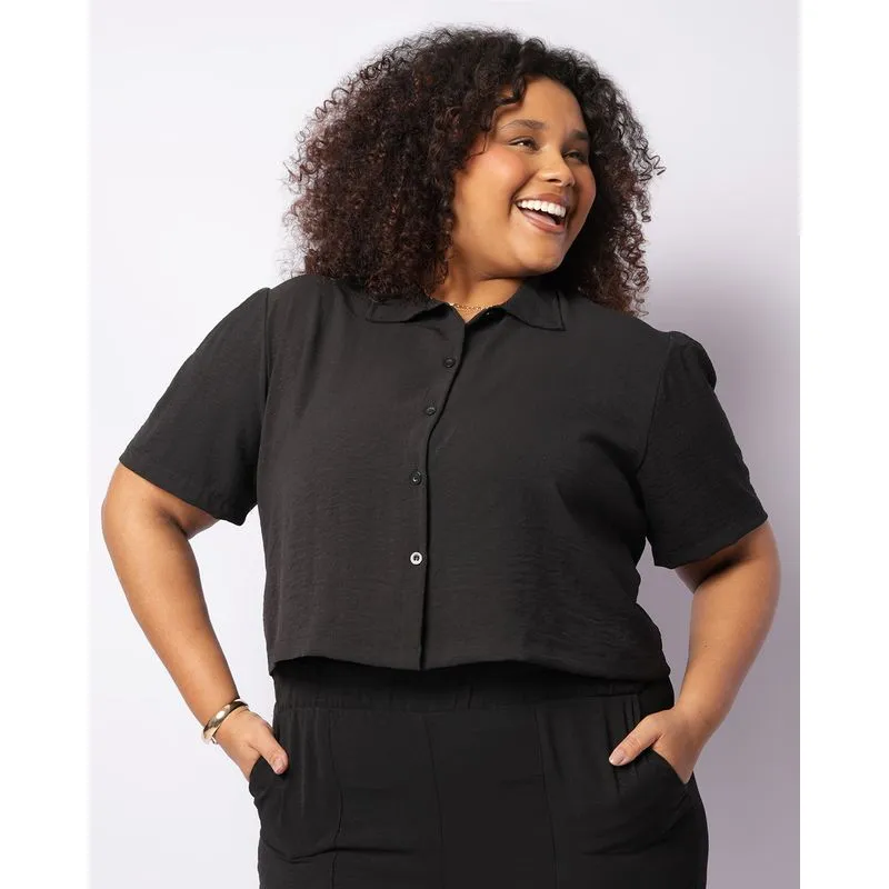 Camisa Plus Size Feminina Com Botões Manga Curta Preta G2