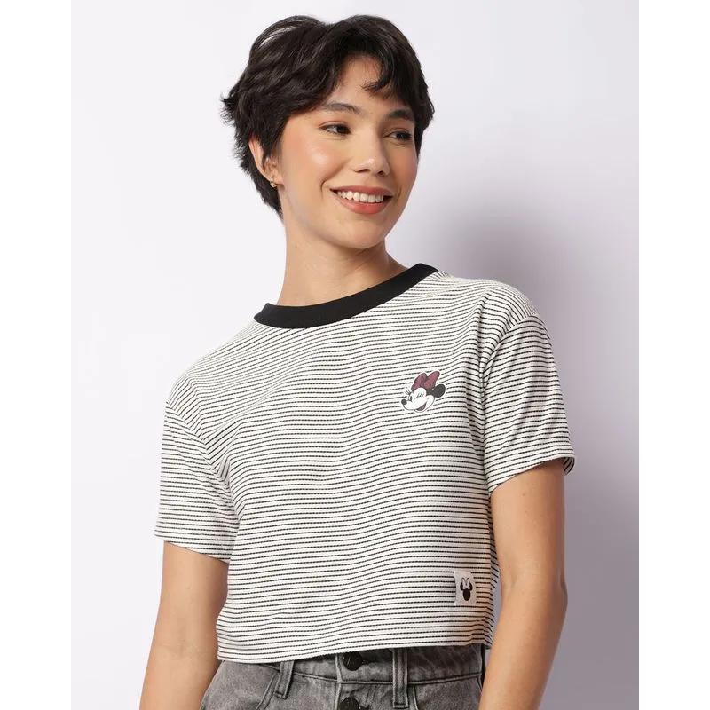 Camiseta Feminina Cropped Disney Minnie Texturizada Listrada Off White M
