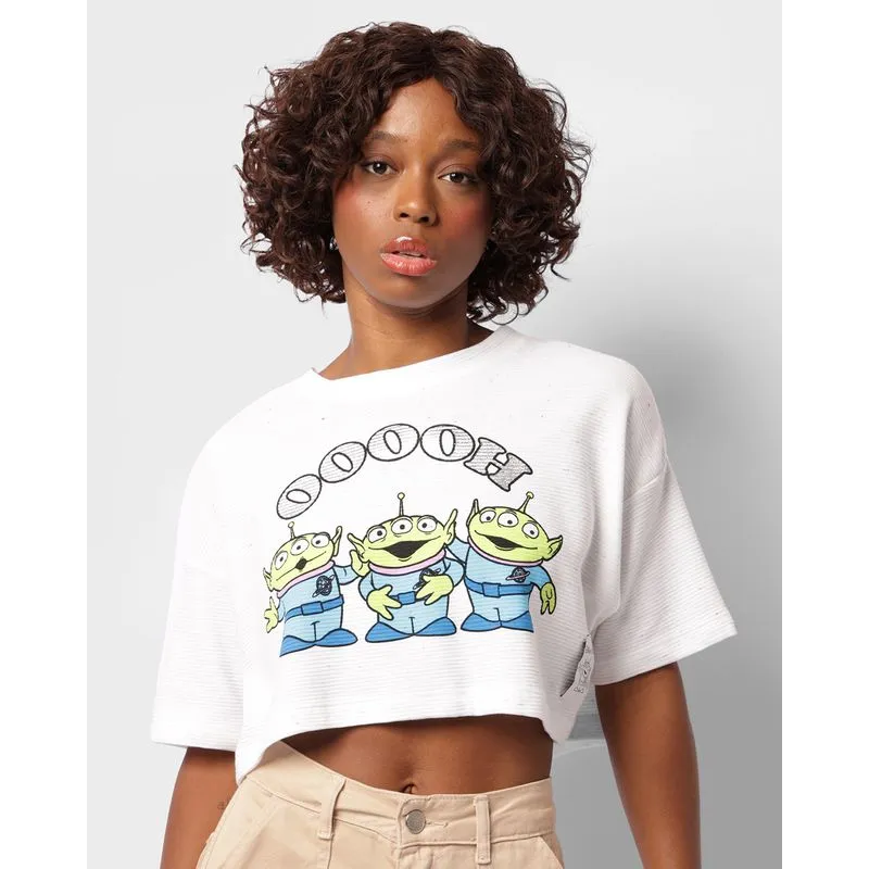 Camiseta Feminina Cropped Disney Toy Story Manga Curta Off White P