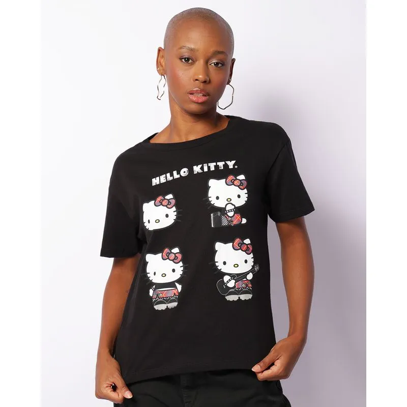 Camiseta Feminina Hello Kitty Manga Curta Preta M