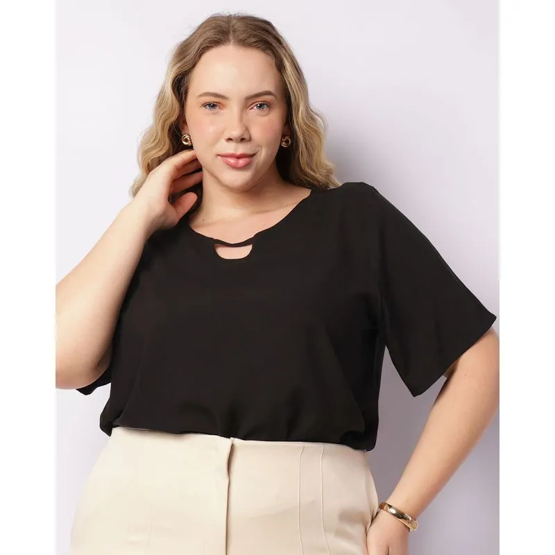 Blusa Plus Size Feminina Viscose Abertura Decote Manga Curta Preta G2
