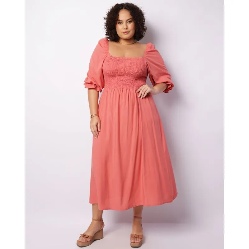 Vestido Plus Size Feminino Midi Manga 3/4 Bufante Com Lastex Rosa G1
