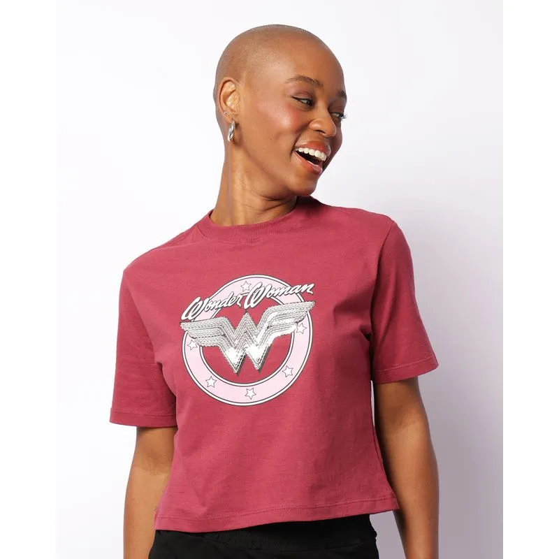 Camiseta Feminina Cropped Dc Comics Mulher Maravilha Vinho M