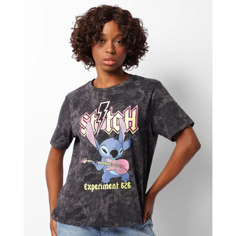 Camiseta Feminina Oversized Disney Stitch Manga Curta Preta M