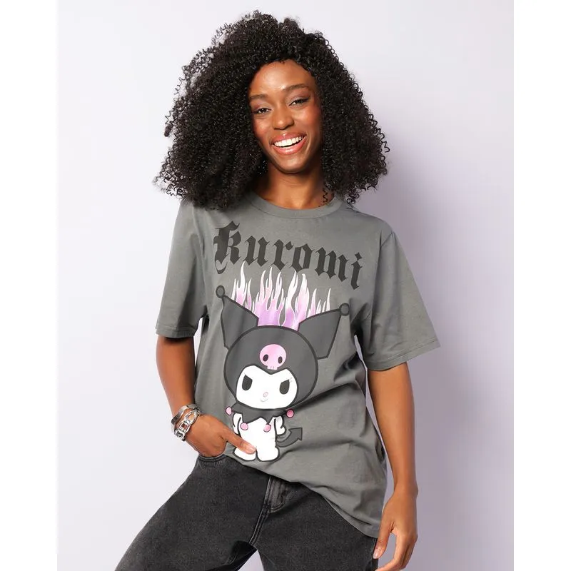 Camiseta Feminina Kuromi Oversized Manga Curta Cinza G