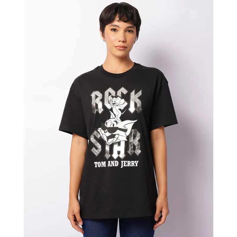 Camiseta Feminina Warner Tom & Jerry Oversized Manga Curta Preta G