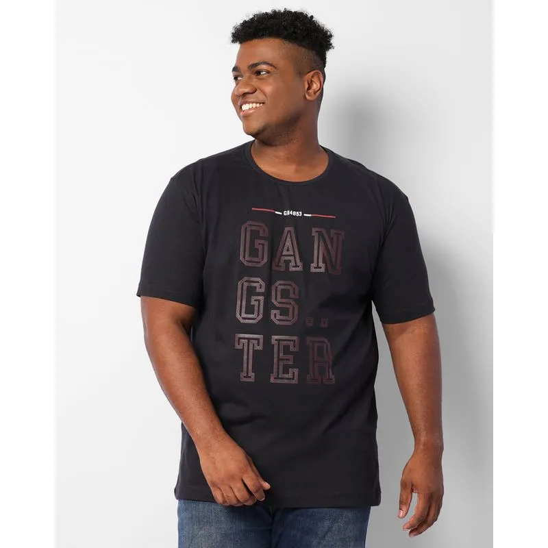 Camiseta Plus Size Masculina Estampa Gangster Manga Curta Marinho G1